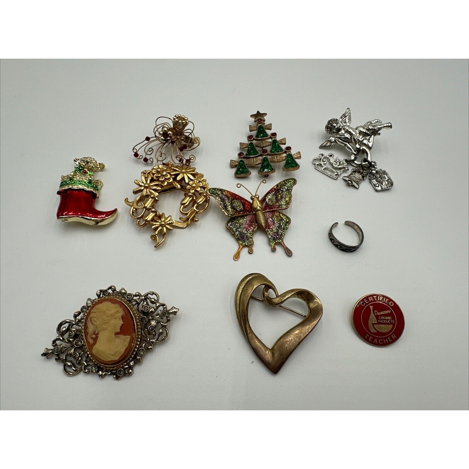Lot 10 Vtg Rhinestone Enamel Brooch Floral Butterfly Cameo Christmas Angel Ring